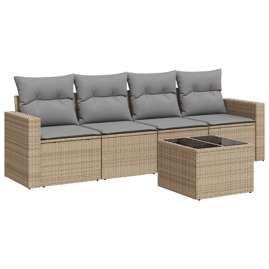 5 Piece Garden Sofa Set with Cushions Beige Poly Rattan