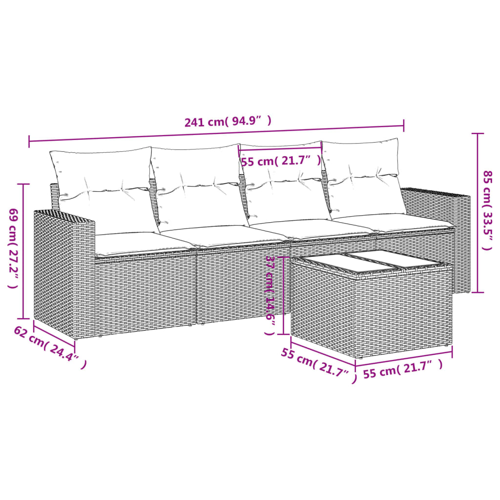 5 Piece Garden Sofa Set with Cushions Grey Poly Rattan