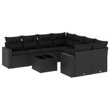 9 Piece Garden Sofa Set with Cushions Black Poly Rattan - Front View