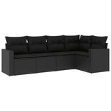 5 Piece Garden Sofa Set with Cushions Black Poly Rattan - Front View