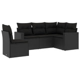 5 Piece Garden Sofa Set with Cushions Black Poly Rattan - Front View