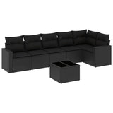 7 Piece Garden Sofa Set with Cushions Black Poly Rattan - Front View