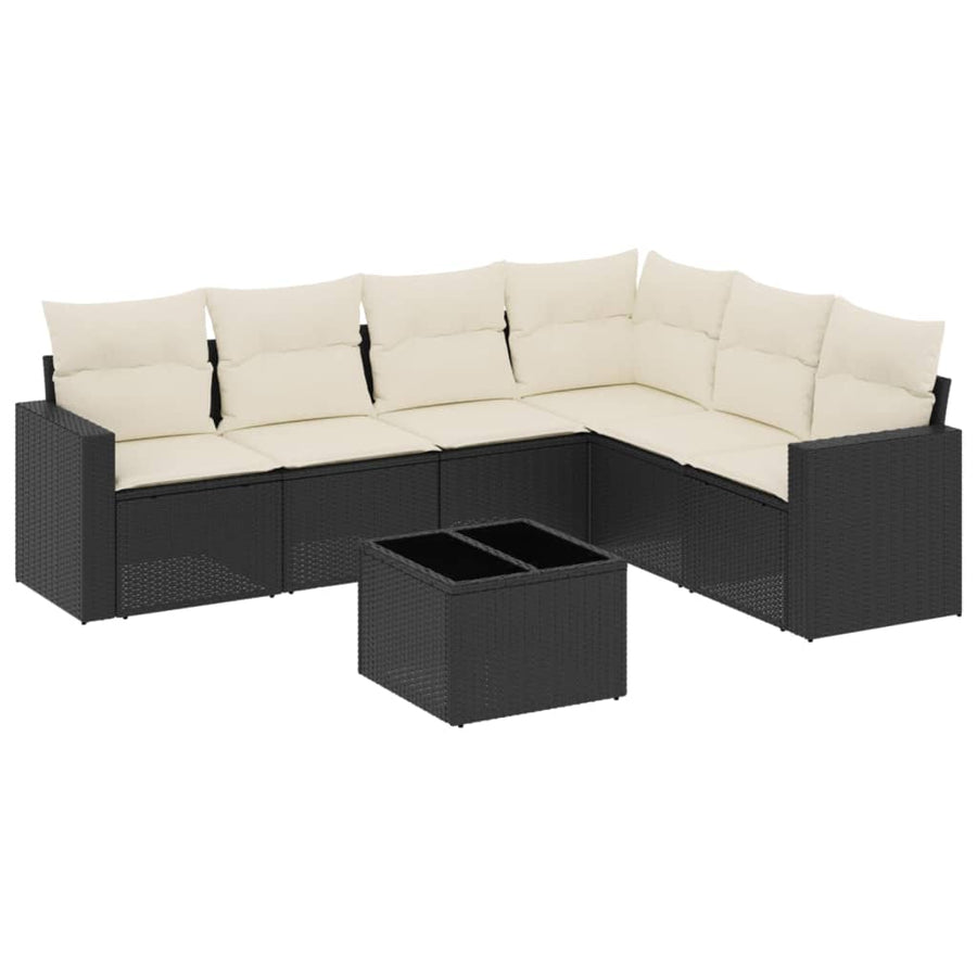 7 Piece Garden Sofa Set with Cushions Black Poly Rattan