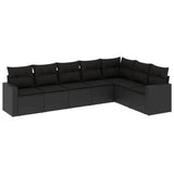 7 Piece Garden Sofa Set with Cushions Black Poly Rattan - Front View