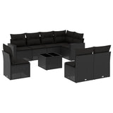 9 Piece Garden Sofa Set with Cushions Black Poly Rattan - Front View