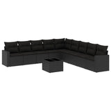 10 Piece Garden Sofa Set with Cushions Black Poly Rattan - Front View