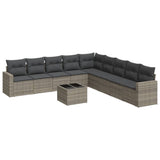 10 Piece Garden Sofa Set with Cushions Grey Poly Rattan - Front View