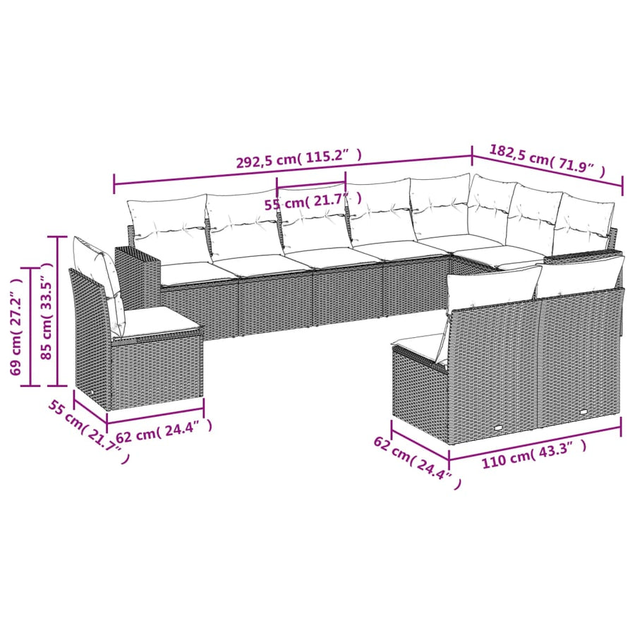 10 Piece Garden Sofa Set with Cushions Grey Poly Rattan