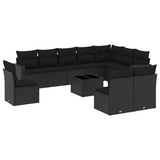 11 Piece Garden Sofa Set with Cushions Black Poly Rattan - Front View