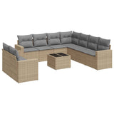 10 Piece Garden Sofa Set with Cushions Beige Poly Rattan - Front View