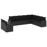 10 Piece Garden Sofa Set with Cushions Black Poly Rattan - Front View