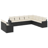 10 Piece Garden Sofa Set with Cushions Black Poly Rattan - Front View