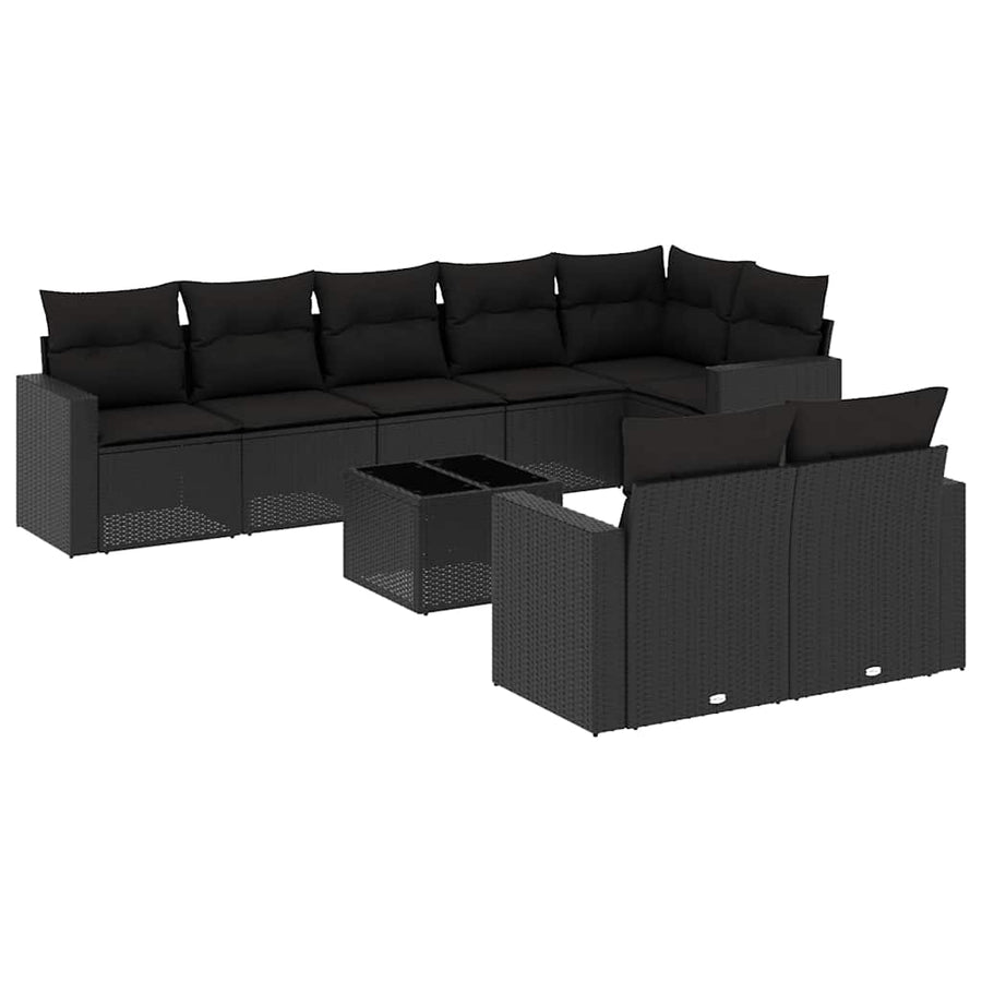9 Piece Garden Sofa Set with Cushions Black Poly Rattan