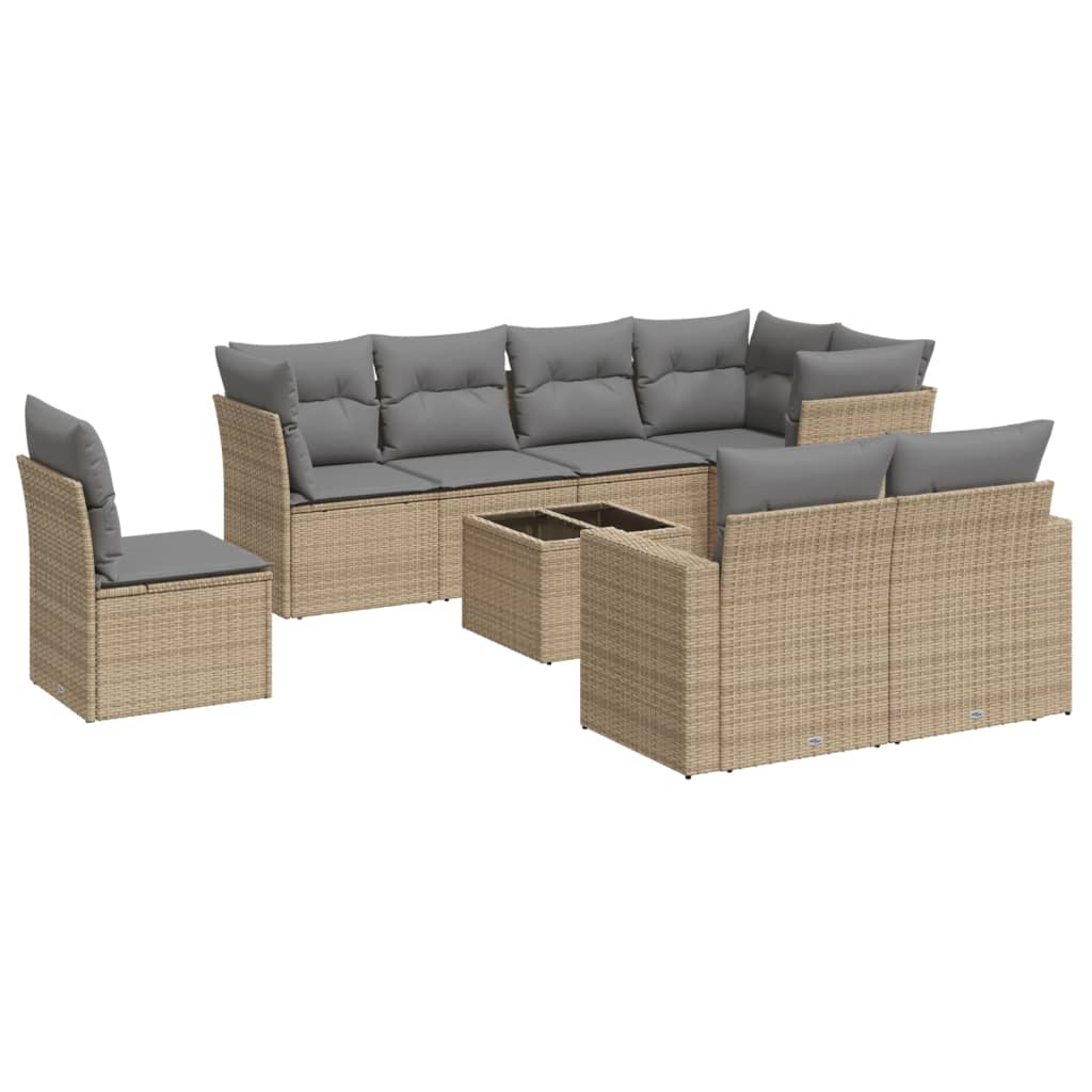 9 Piece Garden Sofa Set with Cushions Beige Poly Rattan
