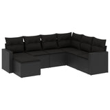 7 Piece Garden Sofa Set with Cushions Black Poly Rattan - Front View