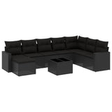 9 Piece Garden Sofa Set with Cushions Black Poly Rattan - Front View