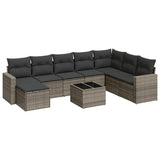 9 Piece Garden Sofa Set with Cushions Grey Poly Rattan - Front View