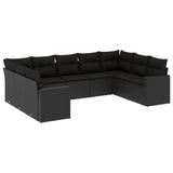 9 Piece Garden Sofa Set with Cushions Black Poly Rattan - Front View