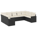 9 Piece Garden Sofa Set with Cushions Black Poly Rattan - Front View