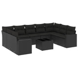 10 Piece Garden Sofa Set with Cushions Black Poly Rattan - Front View
