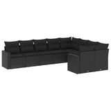 9 Piece Garden Sofa Set with Cushions Black Poly Rattan - Front View