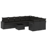 10 Piece Garden Sofa Set with Cushions Black Poly Rattan - Front View