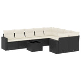 10 Piece Garden Sofa Set with Cushions Black Poly Rattan - Front View