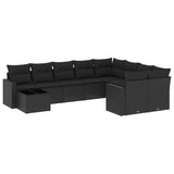 10 Piece Garden Sofa Set with Cushions Black Poly Rattan - Front View