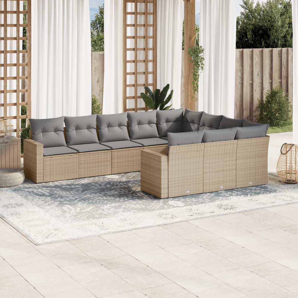 10 Piece Garden Sofa Set with Cushions Beige Poly Rattan