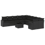 11 Piece Garden Sofa Set with Cushions Black Poly Rattan - Front View