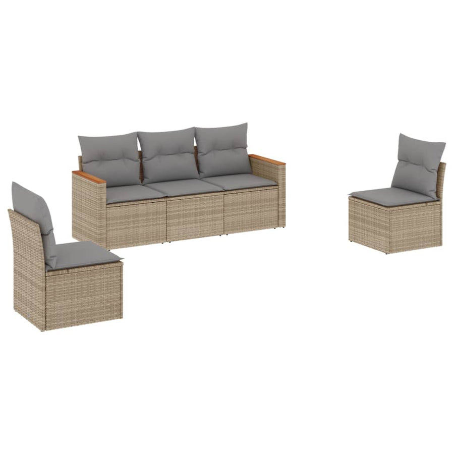 5 Piece Garden Sofa Set with Cushions Mix Beige Poly Rattan