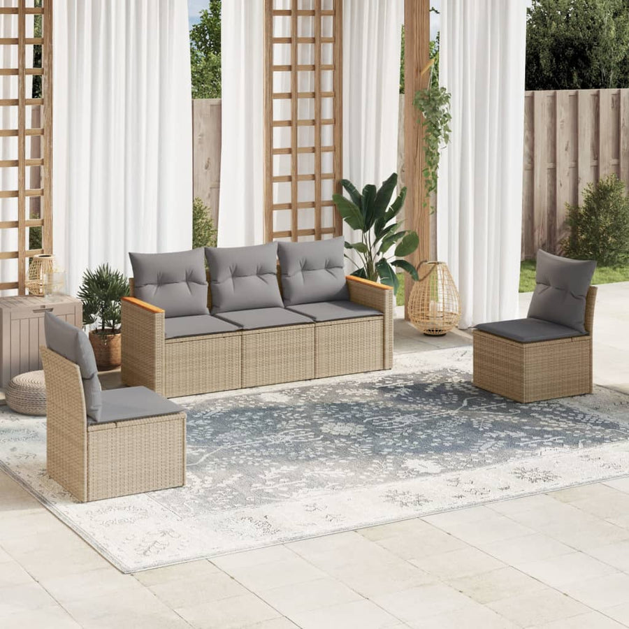 5 Piece Garden Sofa Set with Cushions Mix Beige Poly Rattan