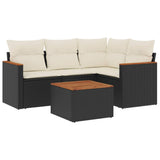 5 Piece Garden Sofa Set with Cushions Black Poly Rattan