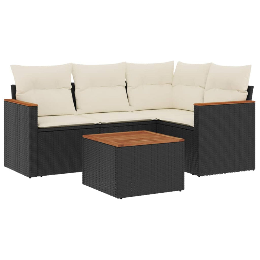 5 Piece Garden Sofa Set with Cushions Black Poly Rattan