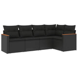 5 Piece Garden Sofa Set with Cushions Black Poly Rattan - Front View