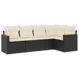 5 Piece Garden Sofa Set with Cushions Black Poly Rattan - Front View