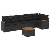 7 Piece Garden Sofa Set with Cushions Black Poly Rattan - Front View