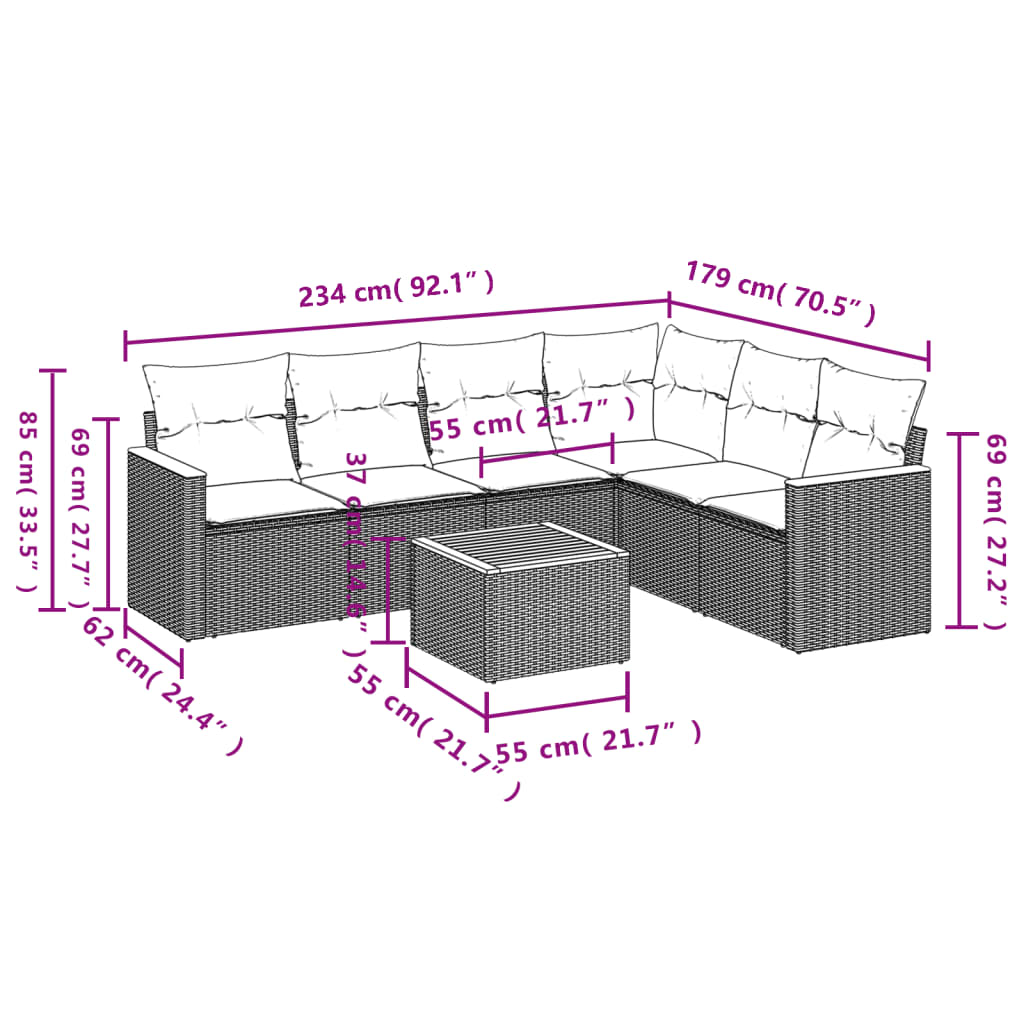 7 Piece Garden Sofa Set with Cushions Grey Poly Rattan