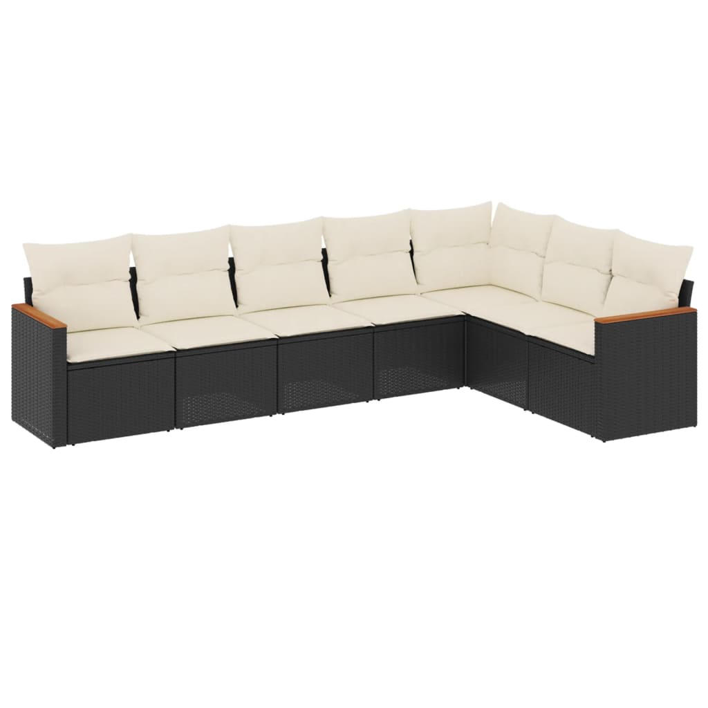 7 Piece Garden Sofa Set with Cushions Black Poly Rattan