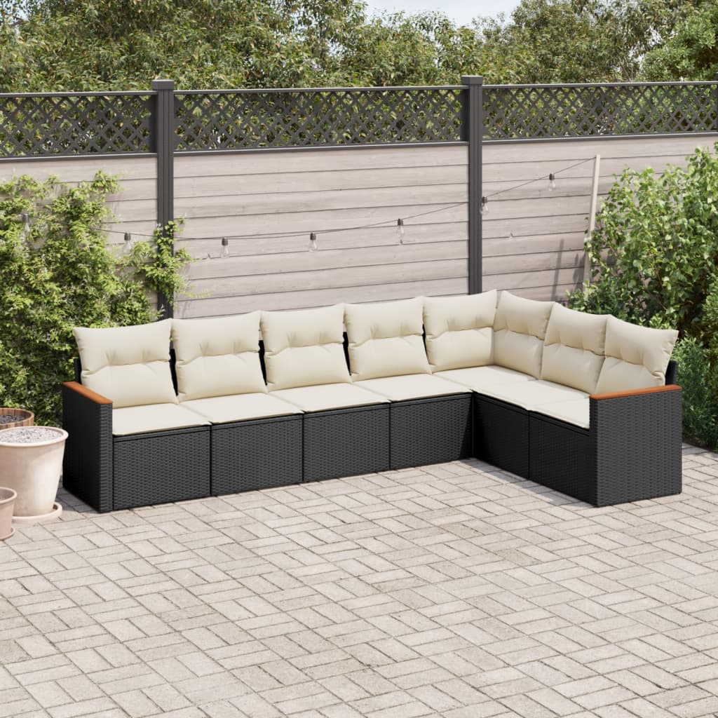 7 Piece Garden Sofa Set with Cushions Black Poly Rattan