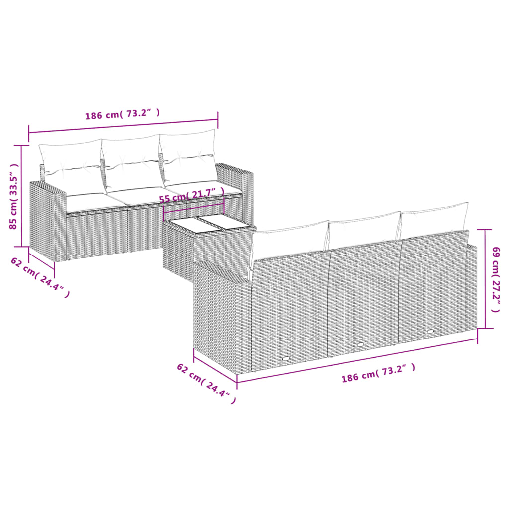 7 Piece Garden Sofa Set with Cushions Grey Poly Rattan