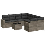 9 Piece Garden Sofa Set with Cushions Grey Poly Rattan - Front View