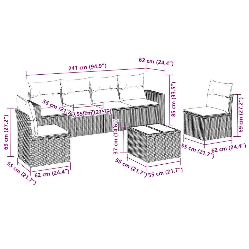 7 Piece Garden Sofa Set with Cushions Black Poly Rattan