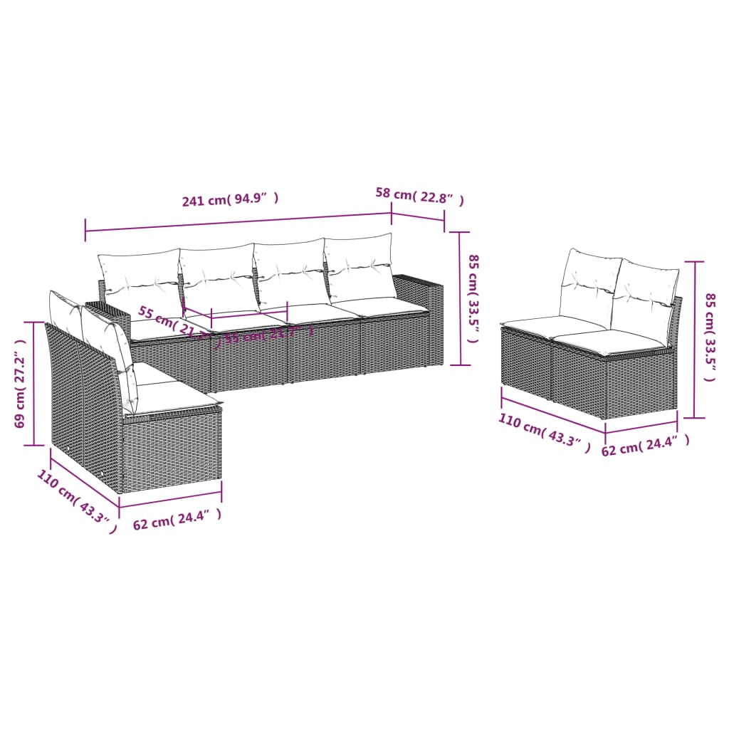 8 Piece Garden Sofa Set with Cushions Grey Poly Rattan