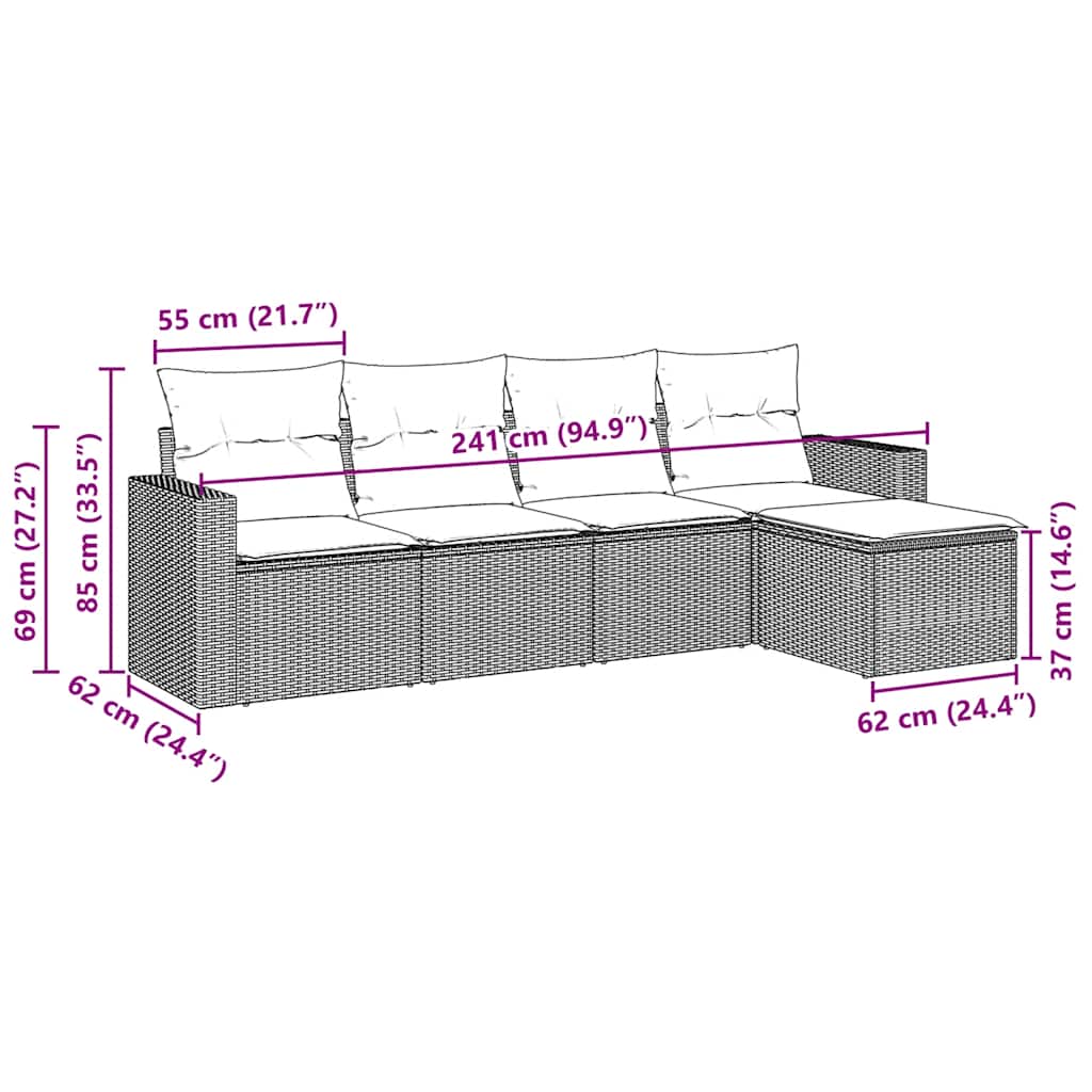 5 Piece Garden Sofa Set with Cushions Black Poly Rattan