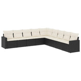 9 Piece Garden Sofa Set with Cushions Black Poly Rattan - Front View