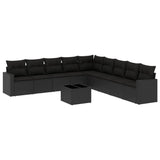 10 Piece Garden Sofa Set with Cushions Black Poly Rattan - Front View