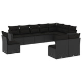 10 Piece Garden Sofa Set with Cushions Black Poly Rattan - Front View