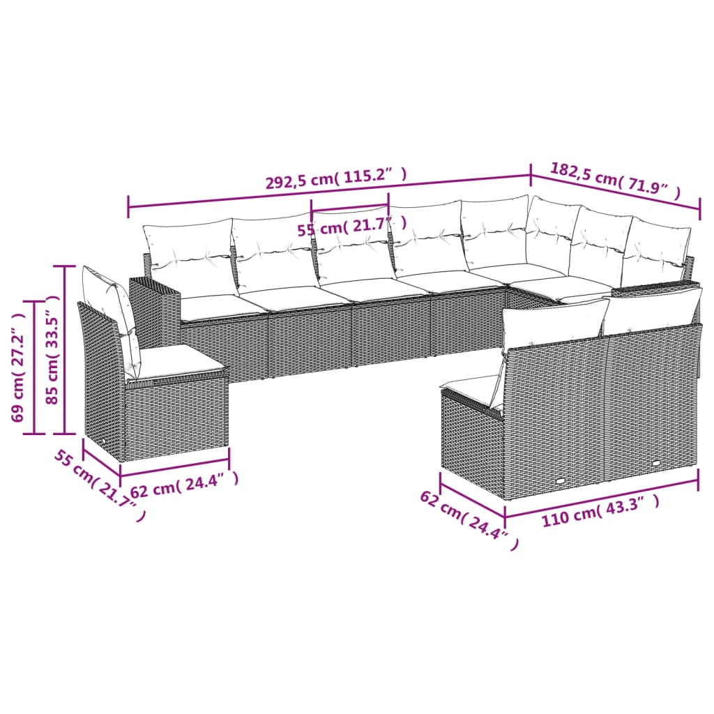 10 Piece Garden Sofa Set with Cushions Beige Poly Rattan