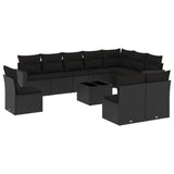 11 Piece Garden Sofa Set with Cushions Black Poly Rattan - Front View